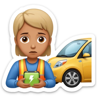 Sad person at low-battery icon next to EV. sticker