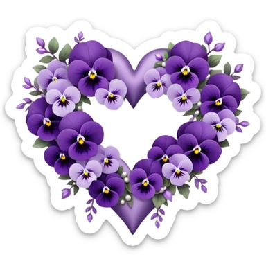 A meticulously crafted heart-shaped floral arrangement featuring deep lilac hues and delicate ice violet pansies, elegantly intertwined with amethyst-colored blossoms and soft pastel purple accents, rests gracefully upon a luxurious pearl satin fabric, shimmering under the light with intricate silver embellishments. sticker