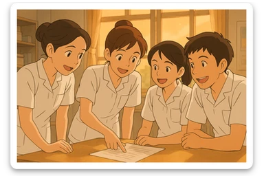 Four nursing students inspired by reference photos, collaborating and interacting indoors, Ghibli style. White short-sleeve uniforms with V-neck, left chest pocket, medical tunic type, no collar stand or stethoscopes, bare forearms, long hair tied for those concerned. Warm and dynamic atmosphere, soft details, bright interior. sticker