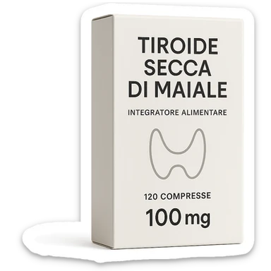 box of dietary supplement 'Tiroide Secca di Maiale', clean modern graphics, isolated on white, hyperrealistic 4K sticker