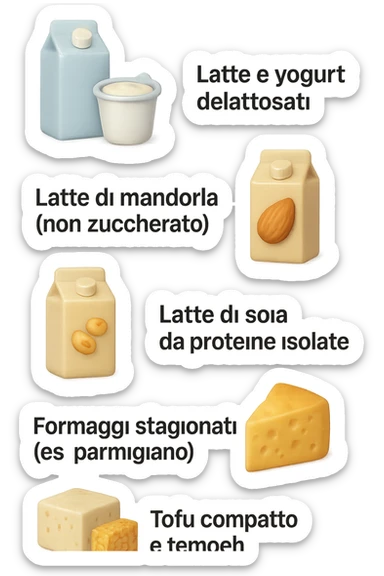emoji stile iphone 3d di questi elementi che fluttuano in aria:

Latte e yogurt delattosati
Latte di mandorla (non zuccherato)
Latte di soia da proteine isolate
Formaggi stagionati (es. parmigiano)
Tofu compatto e tempeh
 che fluttuano in aria,  le etichette scrivile in italiano, iperealistico 4k sticker