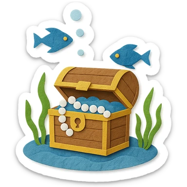 treasure chest underwater with pearls, seaweed, and fish, layered paper effect, paper-craft style sticker