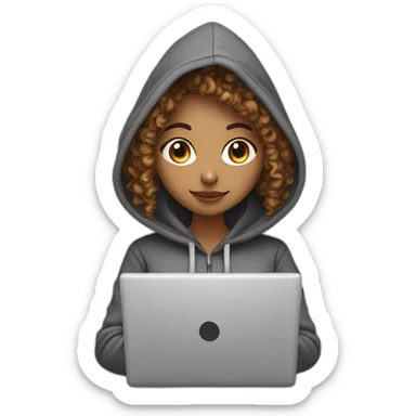 a west eastern tenage curly girl wearing a hoodie working on a laptop sticker