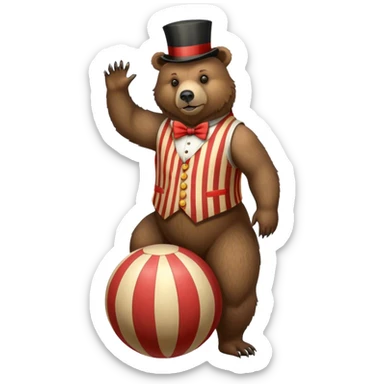 Vintage circus grizzly bear standing on striped ball wearing vest and top hat sticker