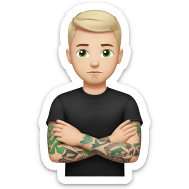 White young man with short dark taper fade hair cut and slight goatee and neutral expression with his arms folded. Green eyes and arm tattoos sticker