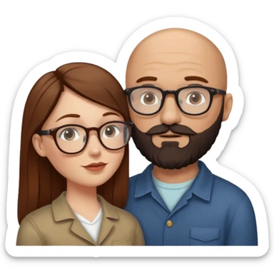 Couple. Bald man with dark brown-black beard. White woman with many small, faded freckles, she has white skin and she has auburn-brown-cinnamon, dark long hair. She has light brown eyes. The man have hazel eyes and glasses. She don’t wear glasses. Retro style. She kisses him. sticker