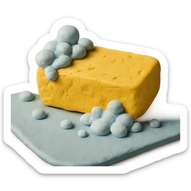 cleaning sponge with soap bubbles, pastel palette, visible clay texture in claymation style sticker