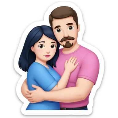 Tall strong white man with brown mustache goatee wearing blue hugging a chubby short pale woman with long black hair wearing pink sticker
