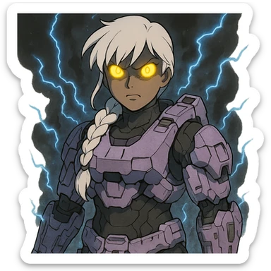 female, wearing reach spartan armor shoulder-unequip, long white braid hair with massive messy front side single bangs, gold yellow eyes, attention pose, D-cup size, HALO:series, no helmet, the armor is lavender color scheme, eyes glowing, demon eye, gleam, rage aura, body steaming dark gray, blue electricity sticker