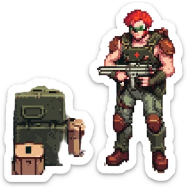a SNES box art image of a man in military gear disarming a IED inside of a toolshed, dramatic single overhead lamp, he has red hair and a face like retro doomguy sticker