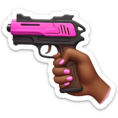 brown hand with pink nails holding large scary dark nerf gun sticker