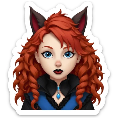  long curly red hair (darker), red pointed ears with black trim, black goth outfits, body and face human, blue eyes, more pointy chin, black lipstick, one big fluffy red squirrel tail with black tips, like the attached photo with more outfits and poses,  sticker