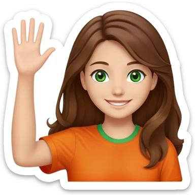 smiling girl with brown hair, long hair, middle hair part, waving, green eyes, orange shirt sticker
