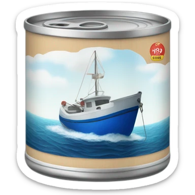 Realistic small can of tuna showing a blue sailing boat sticker