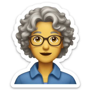 a 60 year old lady with short messy, curly, grey hair, blue glasses, light brown skin, dark brown eyes, and a yellow shirt sticker