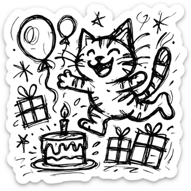 chaotic outlined icon of a happy tabby kitten jumping among balloons, birthday cake, and gift boxes, with wild, scribbled lines sticker