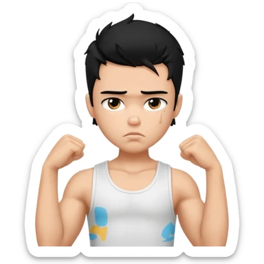 a pretty bratz boy with black hair and white sleeveless tank, biceps looking sad sticker
