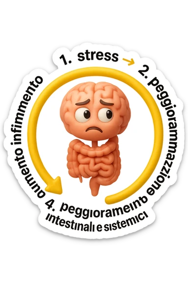 EMOJI STILE IPHONE 3D DI un cerchio con queste scritte che girano intorno in ordine per come li ho scritti "1. stress → 2. peggioramento intestinale → 3. aumento infiammazione → 4. peggioramento sintomi intestinali e sistemici." al centro del cerchio metti un cervello e intestino umani collegati verticalmente con espressione dubbiosa in volto, FALLO MOLTO REALISTICO IN 3D sticker