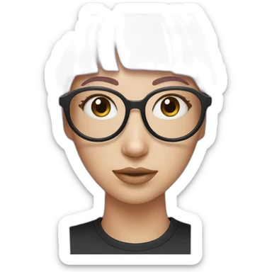 White girl with light purple hair with Ponytail and Split bangs in 3 and rounded frame pastel pink glasses and pastel blue with a black shirt sticker