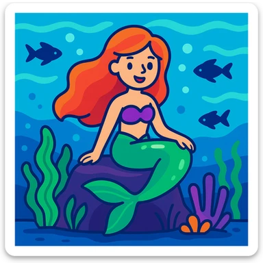 mermaid sitting on a rock underwater, vibrant colors, cartoon style sticker