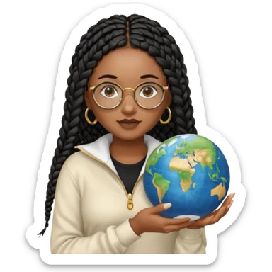 a young woman wearing fine gold round glasses and black hair in several box braids, no earrings, she has light black skin, and she's wearing a white shirt with a black quarterzip sweater. She's holding a globe in one hand sticker