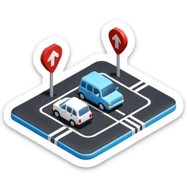 
A 3D minimal icon showing a street route to a destination, with a blue road, white and black vehicles, and small red accents for alerts. The style is clean, minimal 3D, with a transparent background. sticker