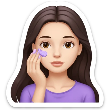 brunette girl with long hair applies lavender cream to her face sticker