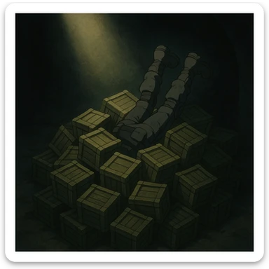 A pile of small oblong crates hidden in a dark area with a beam of light shining from above, with someone’s boots sticking out like they dove in, tactical gear clothing  sticker