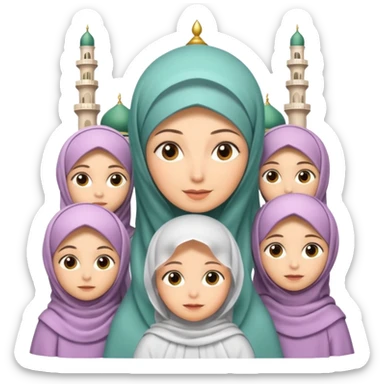 A picture of a mother with several daughters around her, the mother is wearing a veil and they are all in an Iranian Muslim mosque. Cartoon. 3D sticker