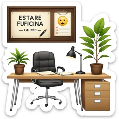 imagen de una oficina moderna con escritorio, silla, notebook, agenda y una planta con un cartel que diga en español ESTARÉ FUERA DE OFICINA sticker