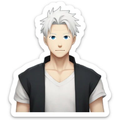 gojo satoru from jujutsu kaisen with white hair, blue eyes, who wear a black tshirt and a white baggy pant sticker