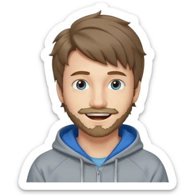 20 year old man, short scruffy beard and thin moustache, brown puffy mullet, blue eyes, big smile, white teeth, big lips, pronounced jaw, hair longer in back, sticking up on top, thin face, grey hooded sweatshirt, pale skin, big smile, blue eyes, puffy hair that is long in back sticker