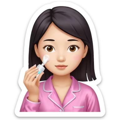 angelic asian girl doing skin care in pink pajamas, applying cream to her face sticker