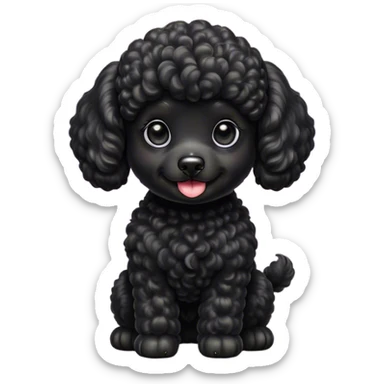 Cinematic Cute Black Poodle Portrait Emoji, Head tilted playfully and inquisitively, showcasing a bouncy, curly jet-black Fur with a striking sheen, round, sparkling dark eyes filled with curiosity, Simplified yet irresistibly adorable features, highly detailed, glowing with a warm, friendly glow, high shine, affectionate and lively, stylized with a touch of whimsy, bright and endearing, soft glowing outline, capturing the essence of a mischievous yet loving companion, so playful it feels like it could bounce out of the screen and into your arms! sticker