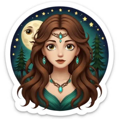 forest mystic woman long wavy brown hair tattoos half-lidded eyes moon glow sticker