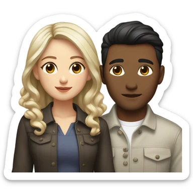A pale half Asian man with short dark hair and amber eyes embracing and loving a white woman with long wavy brunette hair and dark hazel eyes. They love each other a lot And have good fashion taste and are hugging each other tight  sticker