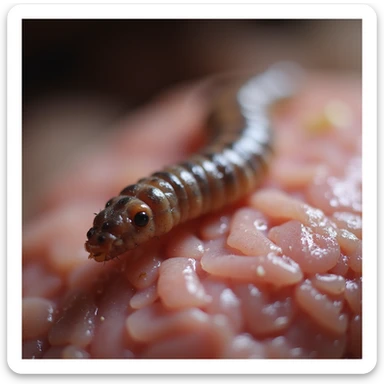 detailed macro of an intestinal parasite worm on pig intestinal tissue, realistic textures and colors, blurred background, 4K quality sticker