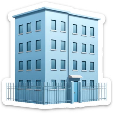 light blue rectangular 9-story apartment building surrounded by fence, closed courtyard, minimal flat vector icon, friendly clean design sticker