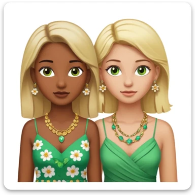 There will be two young women. One with dark brown skin, brown eyes, blonde hair, wearing a lot of necklaces and earrings. The other woman with green eyes, white skin, blonde hair, wearing a necklace and earrings, both wearing flowery dresses. sticker