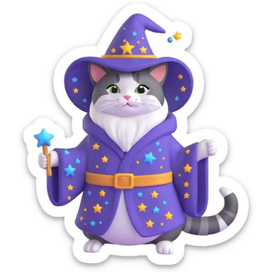 wizard cat with a starry robe and hat sticker