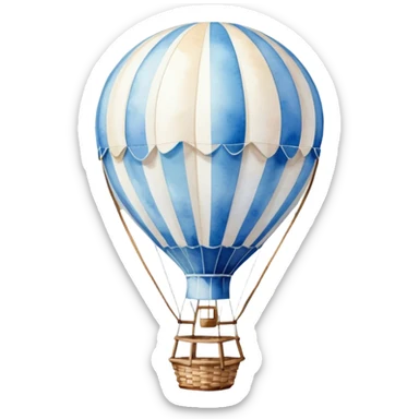 "A dreamy hot air balloon with blue and white stripes, floating among soft clouds, watercolor aesthetic."
 sticker