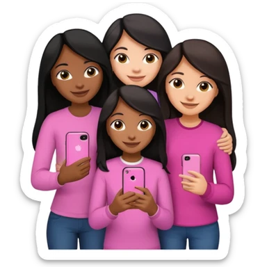 3 brown girl friends with a phone on their hand, one with black long hair light skin,  one with brown hair long and the other one with black with brown medium length hair . Wearing pink glammed up and hugging  sticker