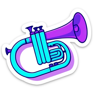 trumpet horn with neon glow effect, blue neon glow on top left, purple neon glow on bottom right sticker