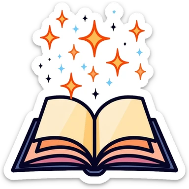 Colorful open book with magical sparkles floating above the pages sticker