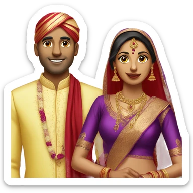 Indian bride and groom without turban. Yellow saree with red blouse and purple sherwani.  sticker