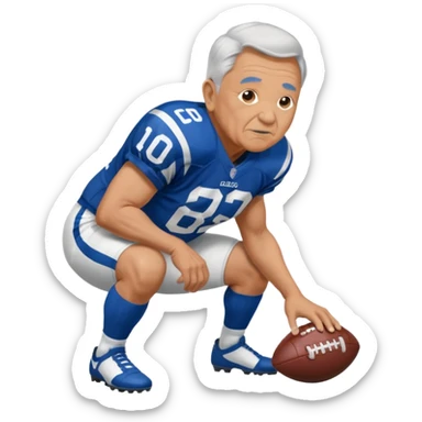 A grandpa playing football wearing an Indianapolis Colts jersey is. Show him kind of crouch down to the ground, holding the football and show  back of his jersey. sticker