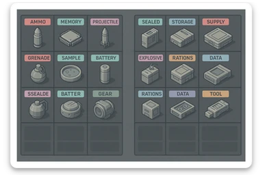 a virtual display, a gray grid with darker gray cells, each cell containing an item viewed in isometric minimalism render The cells have pastel neon colored labels in their upper corner, indicating various traits of the items. retrofuturism, circa 2880's.
The items are scientific and military in nature - varieties of munitions, scientific samples, rations, data storage, utilities. There are two arrays of grids, one left, one right. Each array has a few empty spaces at the bottom sticker
