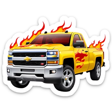 Yellow Chevrolet Silverado with elaborate airbrushed red flame pattern on hood and front quarter panels, screen-accurate Kill Bill truck artwork, 30-degree angle, iOS emoji style sticker