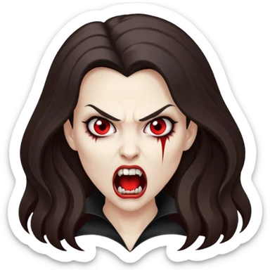 vampire woman with white skin, brunette, long hair, angry face, fangs out sticker