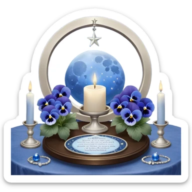 An enchanting night scene where deep blue and light blue pansies gently sway under the soft light of a silver crescent moon. A round, pearl-colored candle sits at the center of a sacred astrological altar, surrounded by silver-trimmed star charts and delicate planetary symbols glowing faintly in the twilight. Nearby, a beautifully crafted crystal sphere rests atop an ancient book of celestial wisdom, reflecting the constellations above. The sky is alive with swirling nebulae and zodiac glyphs, forming intricate cosmic patterns. A faint silver doorway, outlined by threads of lunar energy, shimmers in the background, hinting at hidden knowledge beyond the stars. sticker